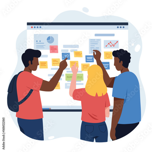 Three diverse individuals collaborating around a whiteboard covered in sticky notes and diagrams