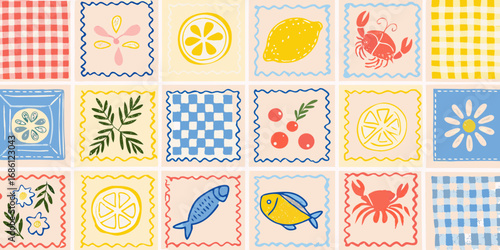 Whimsical hand drawn pattern of summer icons and checkered tiles