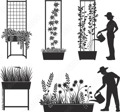 Silhouette of people watering garden plants, vertical gardening, potted herbs and flowers, gardening tools, nature care, urban farming vector illustration