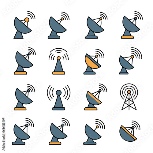 Twelve satellite dishes and three antenna icons are arranged in a grid All symbols emit radiating wave lines