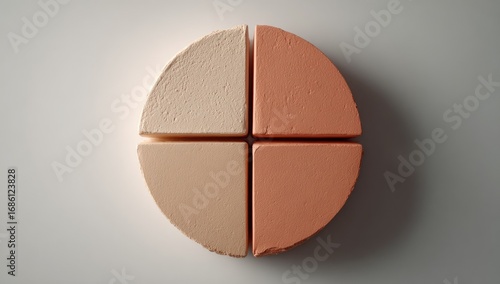 Four-sectioned, round, textured object in earth tones