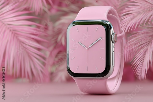 Pink smartwatch on pink background, surrounded by pink leaves
