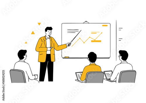 Corporate business meeting illustration with a presenter explaining financial growth data on a whiteboard to a listening team, symbolizing strategy and training