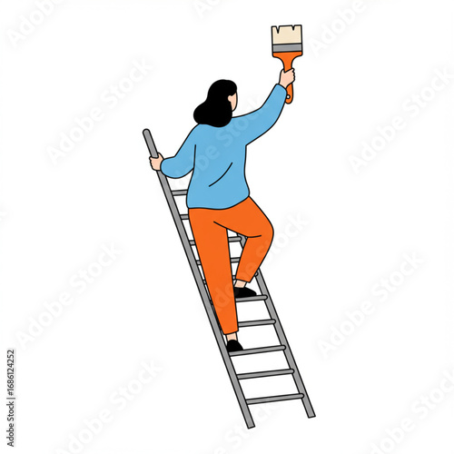 Vector illustration of a woman on a ladder with a paintbrush, symbolizing home renovation, DIY projects, and creative decoration work