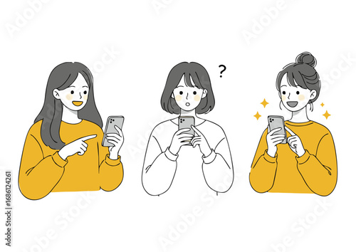Three women showcase diverse emotional reactions to their smartphones, illustrating experiences from curious inquiry to puzzled contemplation and joyful digital discovery