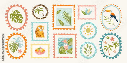 Collection of charming framed tropical illustrations featuring a leopard toucan palm trees and jungle foliage