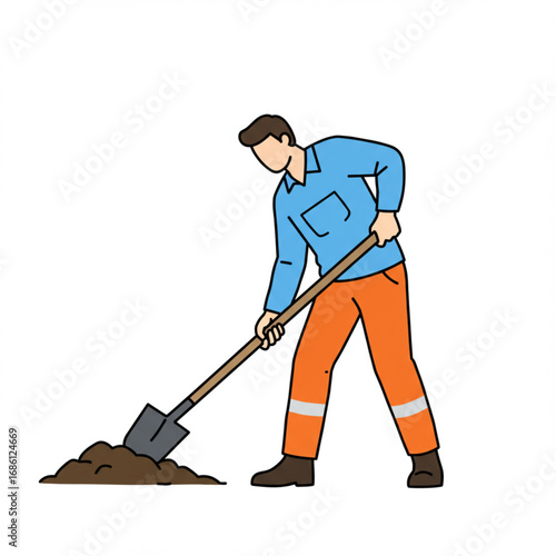 Cartoon illustration of a construction worker or laborer digging soil with a shovel, representing manual labor and groundwork
