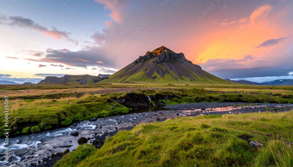 Fototapeta premium A vibrant landscape displays a lush valley, a flowing stream, and a dramatic mountain peak bathed in a warm sunset glow.