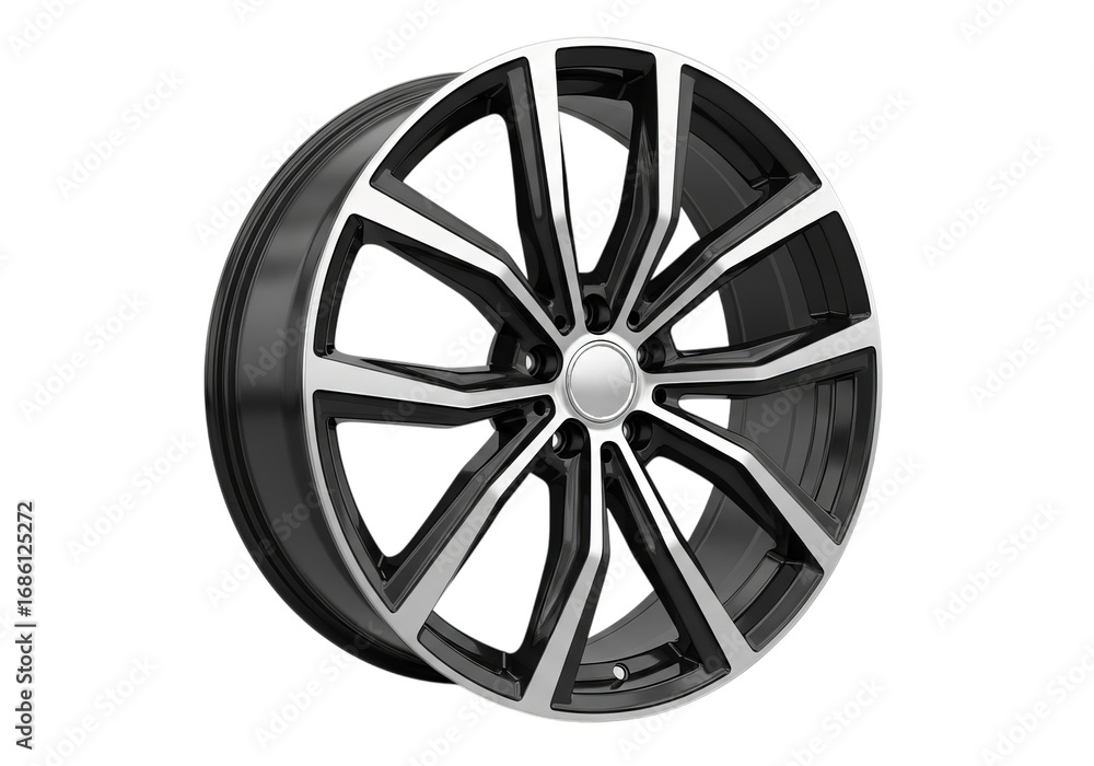 Obraz premium Modern alloy car wheel with intricate spoke design isolated on transparent background