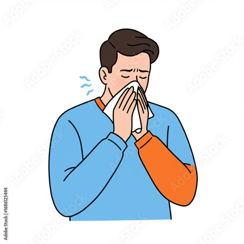 Vector illustration of a young man feeling sick and unwell, sneezing or blowing his nose into a tissue, suffering from a common cold, flu, or seasonal allergies