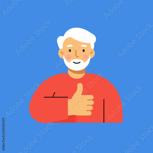 A smiling elderly man with white hair giving a thumbs up against a blue background.