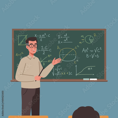 A teacher explains mathematical concepts at a chalkboard in a classroom setting.