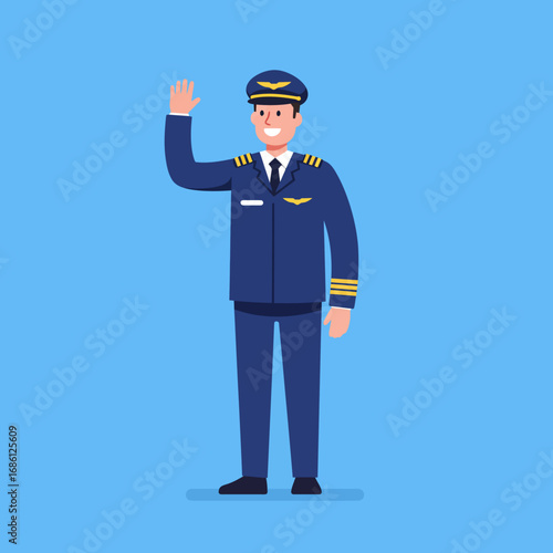 A cartoon pilot in uniform waving, representing aviation and air travel.