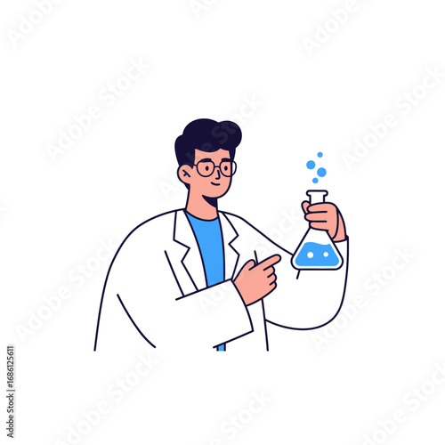 A scientist in a lab coat holding a flask with blue liquid, demonstrating a chemical reaction.
