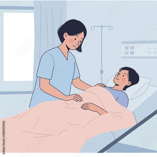 A nurse caring for a patient in a hospital room.