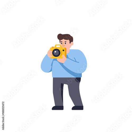 A cartoon-style illustration of a man holding a camera, ready to take a photograph.