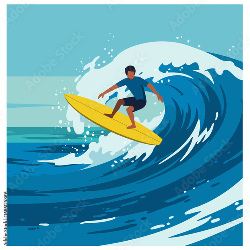 A surfer riding a wave on a bright sunny day, showcasing the thrill of the sport.