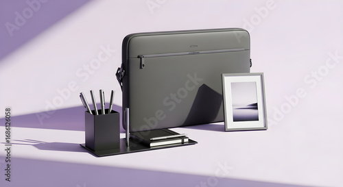 Gray laptop bag with pens notebook and framed  on a purple surface pen holder
