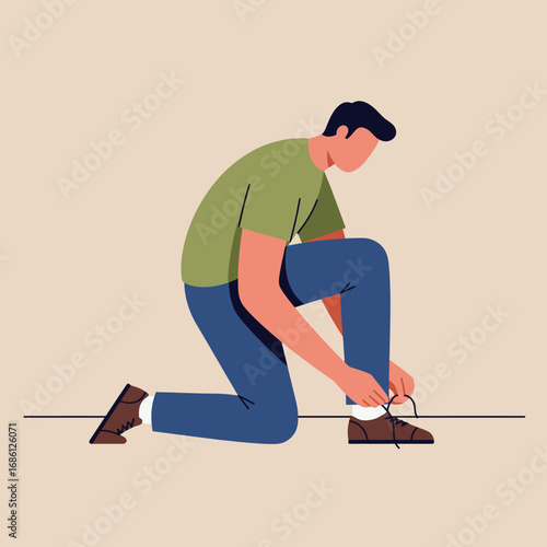 A person kneeling to tie their shoe, demonstrating a casual lifestyle activity.