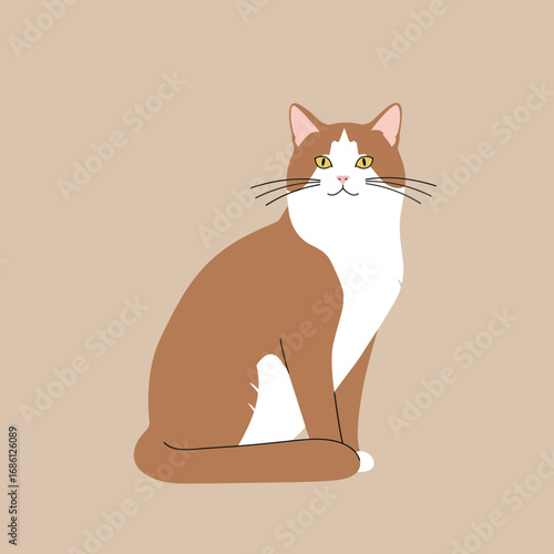A cute cartoon illustration of a cat with a brown and white coat, sitting gracefully.