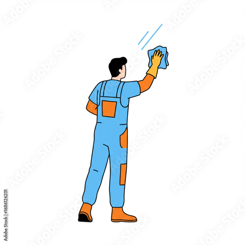 Professional janitor in a blue uniform and orange gloves meticulously wiping down a shiny glass window with a blue cloth, view from the back