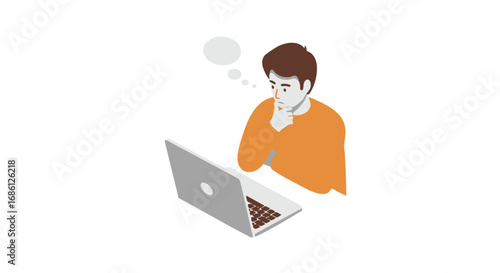 A man in an orange sweater contemplates a laptop, deep in thought.