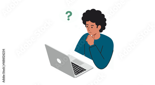 A confused young person with curly hair thinks while looking at a laptop, a question mark floating above their head.