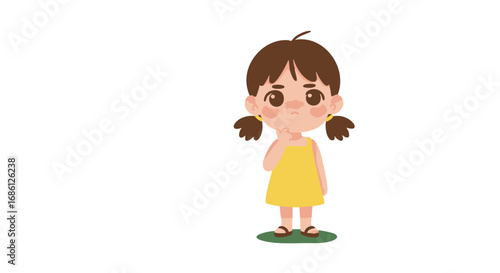 A cute cartoon girl with brown pigtails and a yellow dress stands thoughtfully with her hand on her chin.
