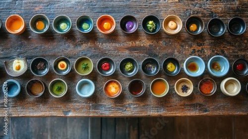 Colorful small dishes filled with various sauces and condiments arranged on a wooden surface.