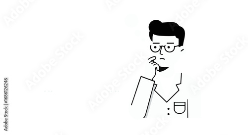 A simple line drawing of a man with glasses and a beard, deep in thought with his hand on his chin.