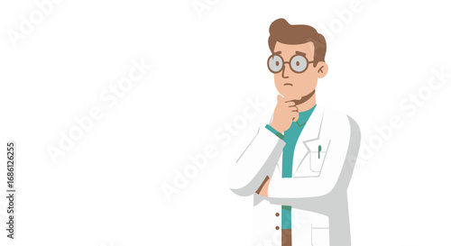 Cartoon illustration of a male doctor wearing glasses and a lab coat, thoughtfully pondering with his hand on his chin.