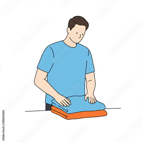 A young man neatly folding clean laundry after washing, a simple vector illustration about household chores and organization