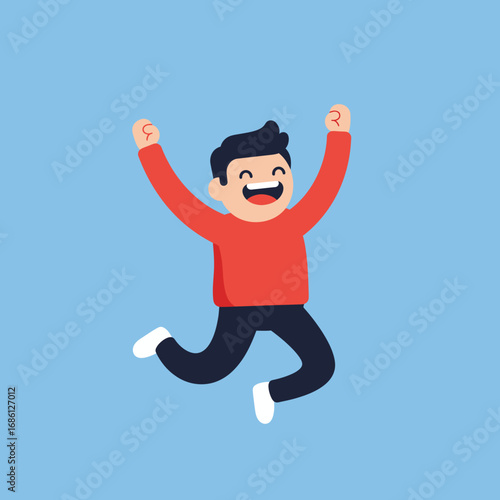 A cheerful cartoon character jumping with joy, expressing excitement and happiness.