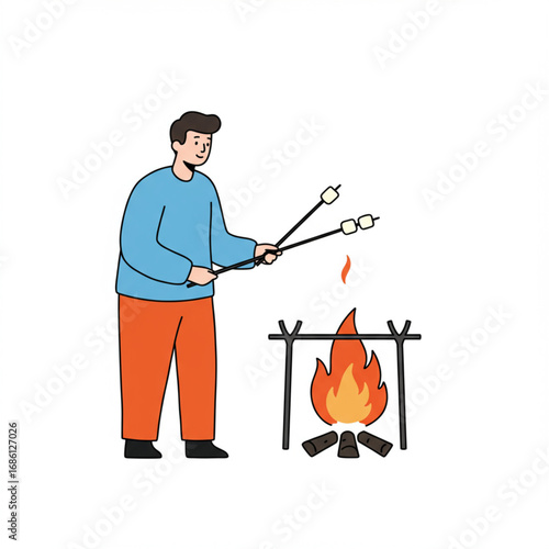 A flat design illustration of a happy person roasting sweet marshmallows over a warm, crackling campfire during a relaxing outdoor evening adventure