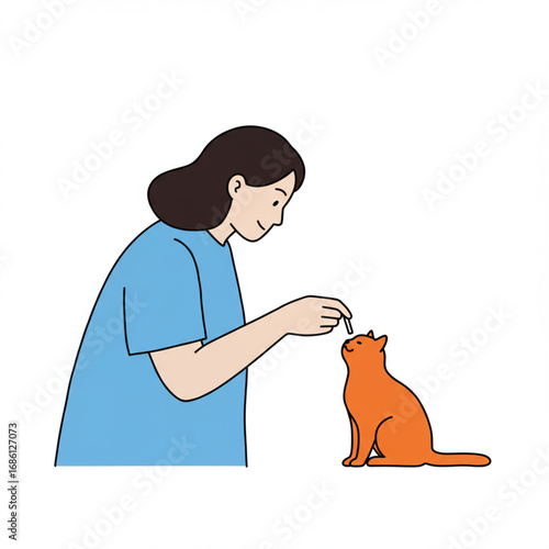 A gentle woman lovingly feeds her adorable orange cat a tasty treat, fostering a heartwarming bond of companionship and daily pet care, in a simple illustration