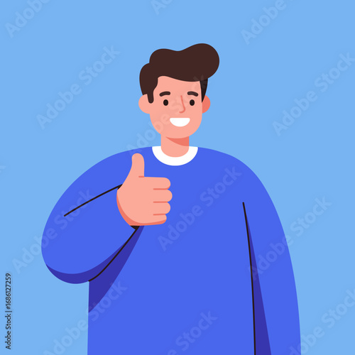A smiling man giving a thumbs-up gesture against a blue background.