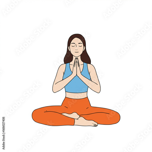 Illustration of a serene woman meditating in a cross-legged yoga pose with prayer hands. Concept of mindfulness, wellness, and relaxation