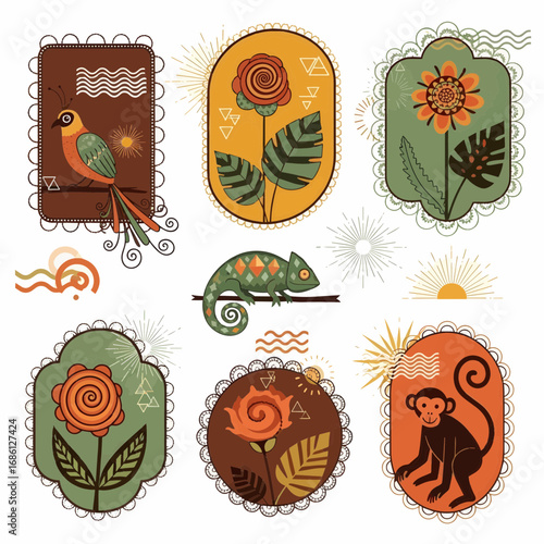 Artistic collection of decorative illustrations showcasing exotic nature's beauty and wildlife