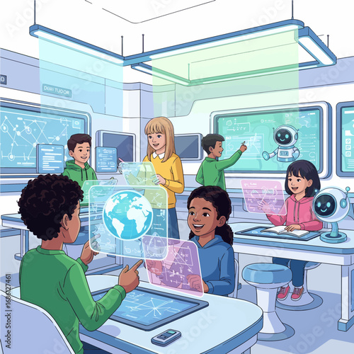 Diverse Young Learners Engaging with Advanced Holographic Technology in a Modern Classroom Setting