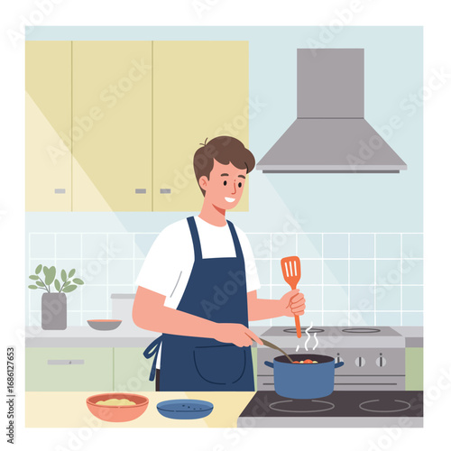 A young man cooking in a modern kitchen, stirring a pot with a spatula.