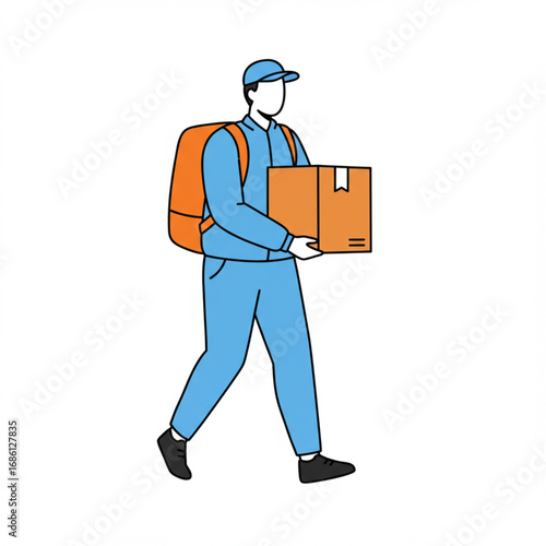 Professional courier character in a blue uniform and cap, walking with a parcel for a fast delivery concept