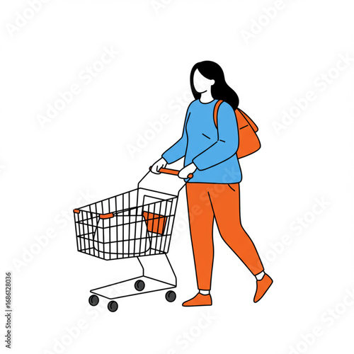 Modern flat vector illustration of a young woman with a backpack pushing an empty shopping cart at a supermarket or store