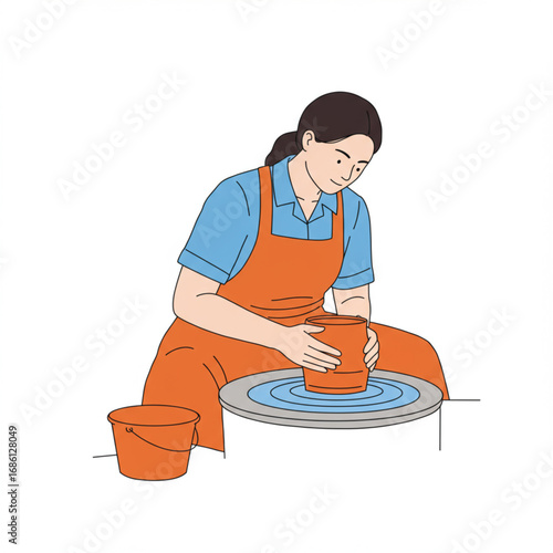 Female artisan focused on shaping a clay pot on a pottery wheel, a creative process of making handmade ceramics in a workshop. Illustration of a traditional craft