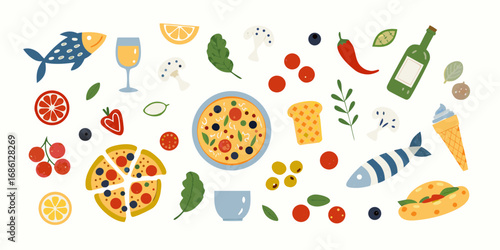 A vibrant and colorful collection of delicious food items and ingredients arranged in a playful scattered pattern