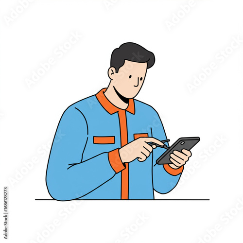 Flat line vector illustration of a male character using a stylus on a smartphone, representing modern technology, digital workflow, and mobile business communication