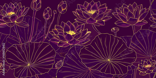 Luxurious purple lotus flowers and leaves with golden outlines on a dark background