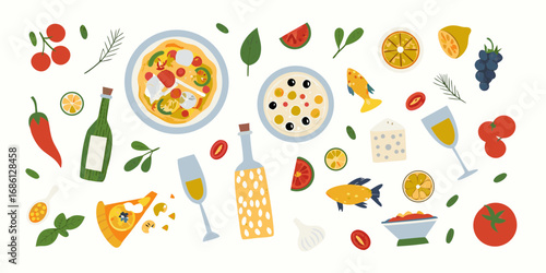 A vibrant flat lay of italian food and drink elements including pizza pasta wine fish and fresh ingredients