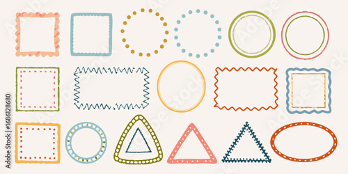 Collection of hand drawn decorative frames and borders in various shapes and colors