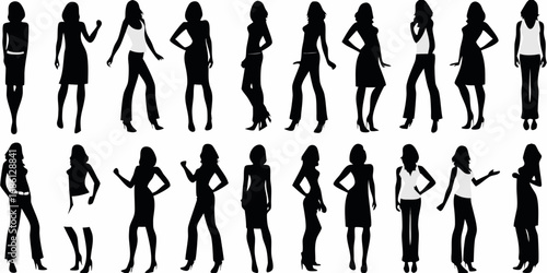 Collection of diverse female silhouettes in various fashionable poses and outfits on a white background