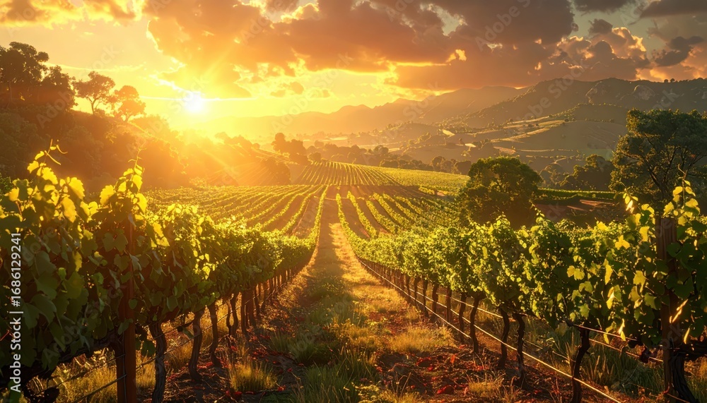 Fototapeta premium Serene Sunset Over a Lush Vineyard Landscape with Golden Rays